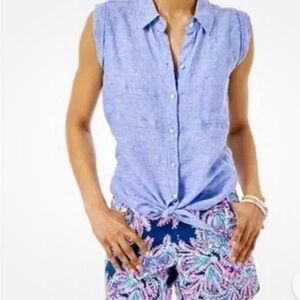 Lilly Pulitzer Breelyn 100% LINEN Button-Down Top Blouse Blue Sz XS NWT